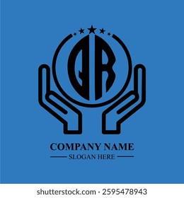 QR initials held within hands, symbolizing trust and protection. The circle represents unity, while stars highlight excellence and ambition.