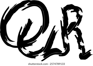 QR logo graffiti spray paint, QR letters handwritten in thick black watercolor acrylic ink. the letter QR is written with a brush