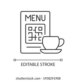 QR menu linear icon. Contactless QR codes that customers point and scan with their smartphone. Thin line customizable illustration. Contour symbol. Vector isolated outline drawing. Editable stroke