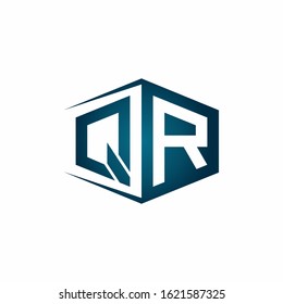 QR monogram logo with hexagon shape and negative space style ribbon design template