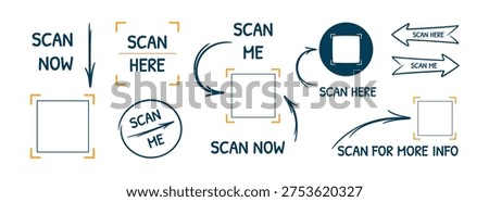 QR scan call-to-action elements set. Scan now, scan here and scan me labels with arrows and QR code frames. Modern minimal vector templates for mobile apps and websites