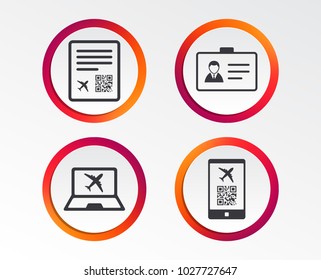 QR scan code in smartphone icon. Boarding pass flight sign. Identity ID card badge symbol. Infographic design buttons. Circle templates. Vector