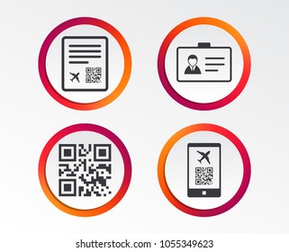 QR Scan Code In Smartphone Icon. Boarding Pass Flight Sign. Identity ID Card Badge Symbol. Infographic Design Buttons. Circle Templates. Vector