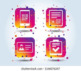 QR scan code in smartphone icon. Boarding pass flight sign. ID card badge symbol. Check or tick sign. Colour gradient square buttons. Flat design concept. Vector