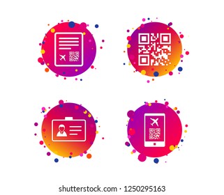 QR scan code in smartphone icon. Boarding pass flight sign. Identity ID card badge symbol. Gradient circle buttons with icons. Random dots design. Vector