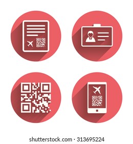 QR scan code in smartphone icon. Boarding pass flight sign. Identity ID card badge symbol. Pink circles flat buttons with shadow. Vector