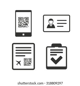 QR Scan Code In Smartphone Icon. Boarding Pass Flight Sign. ID Card Badge Symbol. Check Or Tick Sign. Flat Icons On White. Vector