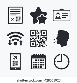 QR scan code in smartphone icon. Boarding pass flight sign. Identity ID card badge symbol. Wifi internet, favorite stars, calendar and clock. Talking head. Vector