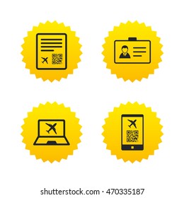 QR scan code in smartphone icon. Boarding pass flight sign. Identity ID card badge symbol. Yellow stars labels with flat icons. Vector