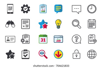 QR scan code in smartphone icon. Boarding pass flight sign. ID card badge symbol. Check or tick sign. Chat, Report and Calendar signs. Stars, Statistics and Download icons. Question, Clock and Globe