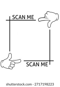 Marco de escaneo QR con texto en negrita “SCAN ME” y manos de dibujos animados apuntando hacia adentro. Ideal para señalización digital, App y diseño de interfaz de tecnología