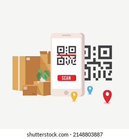 QR Scan tracking smartphone with map on screen, various types of transport and location mark. Order delivery online tracking