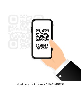 QR scanner icon. Mobile phone in hand scans QR code. Scan the qrcode using a mobile phone. Capture the qr code on your mobile phone. For digital payment concept.