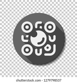 QR scanner, Scan by mobile camera, logo for app, icon with qrcode and lens. flat icon, long shadow, circle, transparent grid. Badge or sticker style