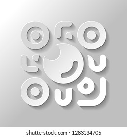 QR scanner, Scan by mobile camera, logo for app, icon with qrcode and lens. Paper style with shadow on gray background