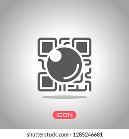 QR scanner, Scan by mobile camera, logo for app, icon with qrcode and lens. Icon under spotlight. Gray background