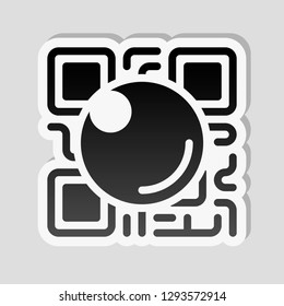 QR scanner, Scan by mobile camera, logo for app, icon with qrcode and lens. Sticker style with white border and simple shadow on gray background