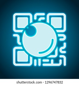 QR scanner, Scan by mobile camera, logo for app, icon with qrcode and lens. Neon style. Light decoration icon. Bright electric symbol