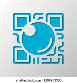 QR scanner, Scan by mobile camera, logo for app, icon with qrcode and lens. Paper design. Cutted symbol with shadow