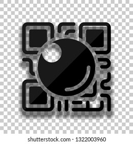 QR scanner, Scan by mobile camera, logo for app, icon with qrcode and lens. Black glass icon with soft shadow on transparent background