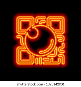 QR scanner, Scan by mobile camera, logo for app, icon with qrcode and lens. Orange neon style on black background. Light icon
