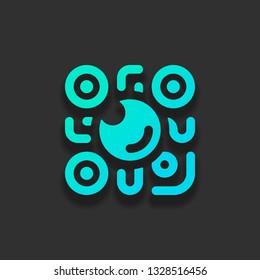 QR scanner, Scan by mobile camera, logo for app, icon with qrcode and lens. Colorful logo concept with soft shadow on dark background. Icon color of azure ocean