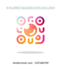 QR scanner, Scan by mobile camera, logo for app, icon with qrcode and lens. Colorful logo concept with simple shadow on white. 10 different blurred backgrounds included