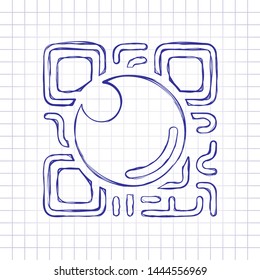 QR scanner, Scan by mobile camera, logo for app, icon with qrcode and lens. Hand drawn picture on paper sheet. Blue ink, outline sketch style. Doodle on checkered background