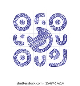 QR scanner, Scan by mobile camera, logo for app, icon with qrcode and lens. Hand drawn sketched picture with scribble fill. Blue ink. Doodle on white background