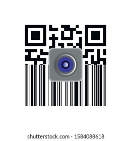 QR scanner, Scan by mobile camera, logo for app, icon with qrcode and lens. 
