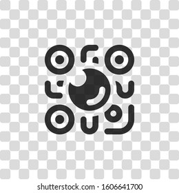 QR scanner, Scan by mobile camera, logo for app, icon with qrcode and lens. Black symbol on transparency grid
