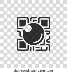 QR scanner, Scan by mobile camera, logo for app, icon with qrcode and lens. Black symbol on transparency grid