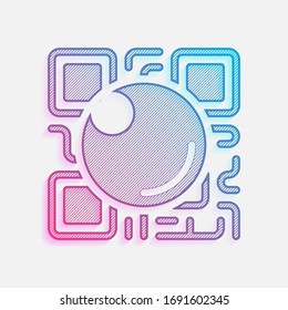 QR-Scanner, Scannen mit mobiler Kamera, Logo für App, Symbol mit Qrcode und Objektiv. Farbiges Logo mit diagonalen Linien und blauem Farbverlauf. Neongrafik, Lichteffekt
