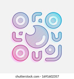 QR scanner, Scan by mobile camera, logo for app, icon with qrcode and lens. Colored logo with diagonal lines and blue-red gradient. Neon graphic, light effect