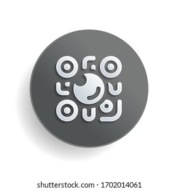 QR scanner, Scan by mobile camera, logo for app, icon with qrcode and lens. White paper symbol on gray round button or badge with shadow