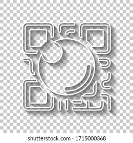 QR scanner, Scan by mobile camera, logo for app, icon with qrcode and lens. White outline sign with shadow on transparent background