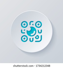 QR scanner, Scan by mobile camera, logo for app, icon with qrcode and lens. Cut circle with gray and blue layers. Paper style