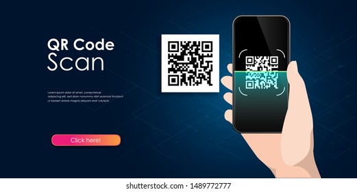 Qr scanning . A mobile phone with a scanner reads the qr code. Vector hi tech illustration.
