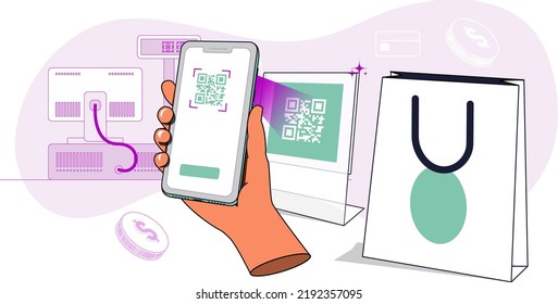 QR scanning using a mobile app at store illustration concept illustration with hand holding smartphone , can use for, landing page, template, ui, web, mobile app, poster, banner, flyer