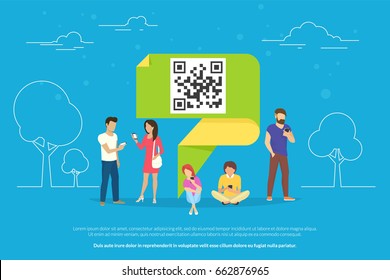 QR symbol concept vector illustration of people using mobile smartphones for online ordering and purchasing goods scanning qr-code on promo banners outdoors. Flat guys and women near green origami pin