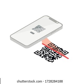 Qr Verification Concept. Mobile phone with a scanner reads the qr code. Machine-readable barcode on smartphone screen. Vector  illustration 