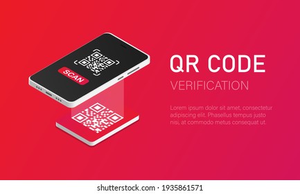 Qr verification. A mobile phone with a scanner reads the qr code in isometric style. Vector illustration EPS 10