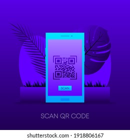 QR Überprüfung auf dem Bildschirm auf dunklem Farbverlauf-Farbe. Vektorgrafik.