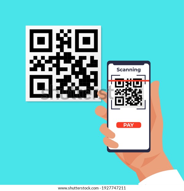 QR wireless payment. Cartoon human hand\
holding smartphones and scanning barcode. Mobile application for\
digital transferring money. Person pays by Quick Response Code.\
Vector contactless\
transaction