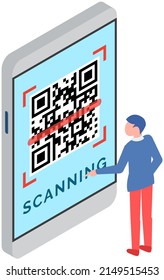 QR wireless payment. Man stands with smartphone and scanning barcode. Mobile application for digital transferring money. Person pays by quick response code app. Vector contactless transaction