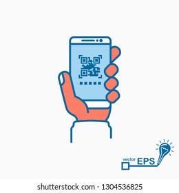 Qrcode. Barcode scan. Mobile phone in hand, minimalist design, colored icon black line. Smartphone for scanning and product identification.