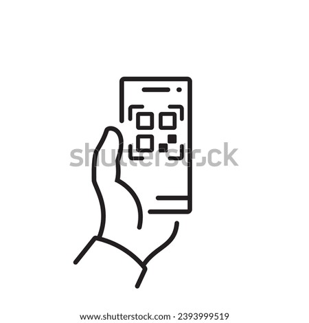 Qrcode. Barcode scan. Mobile phone in hand, minimalist design, black line icon. Smartphone for scanning and product identification.