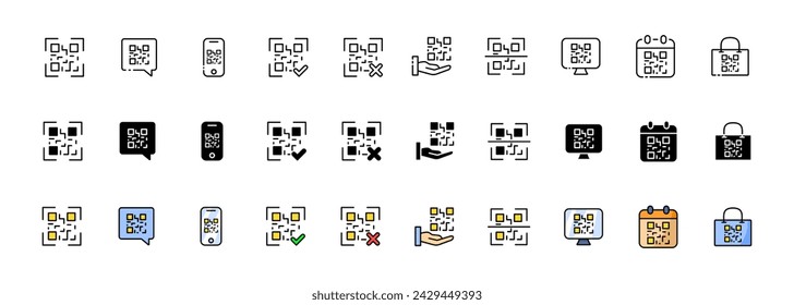 QR-Code-Symbolsammlung. Linear, Silhouette und flacher Stil. Vektorsymbole