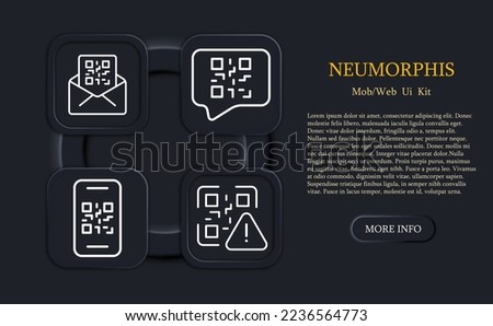 QR-code icon set. Sticker, product labeling, scan with smartphone, scan me icon, laptop, scanner, scan, buy, purchase, shopping. Technology concept. Neomorphism style. Vector line icon for Business