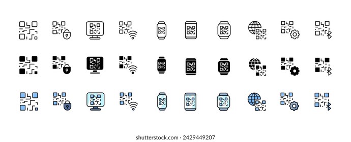 QR-Code icons collection. Linear, silhouette and flat style